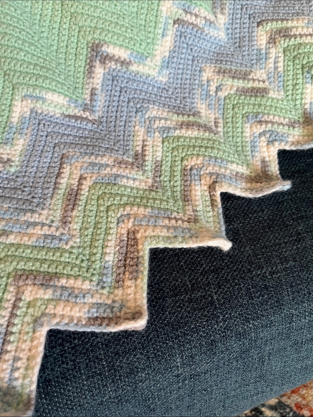 Handmade Chevron Knit Throw Blanket in Light Gray and Sage Green 40x32" - Picture 2 of 6